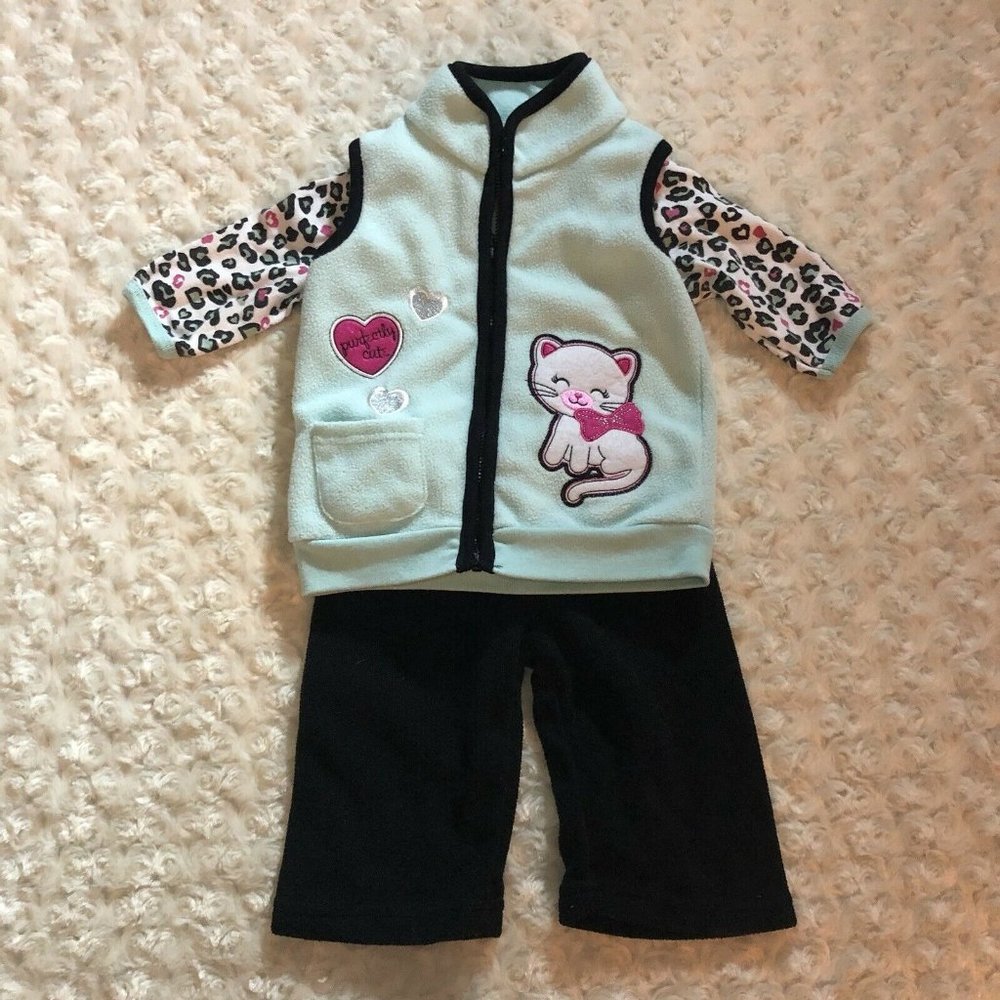 Teddy Boom Cat Kitty 3 Piece Bodysuit Pants Vest Outfit Sz 3/6 Months